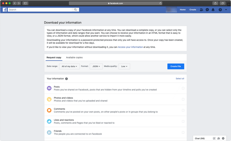 Facebook download your information request section
