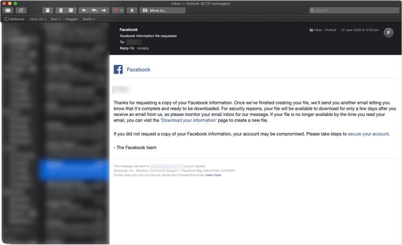 Facebook email in email client