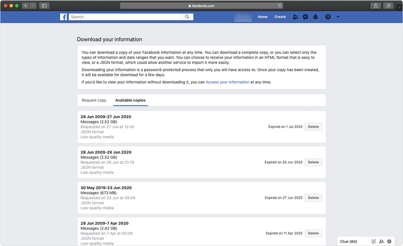 Facebook download your information download section