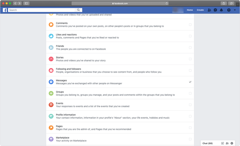 Facebook download your information request section