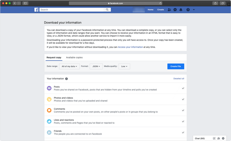 Facebook download your information request section